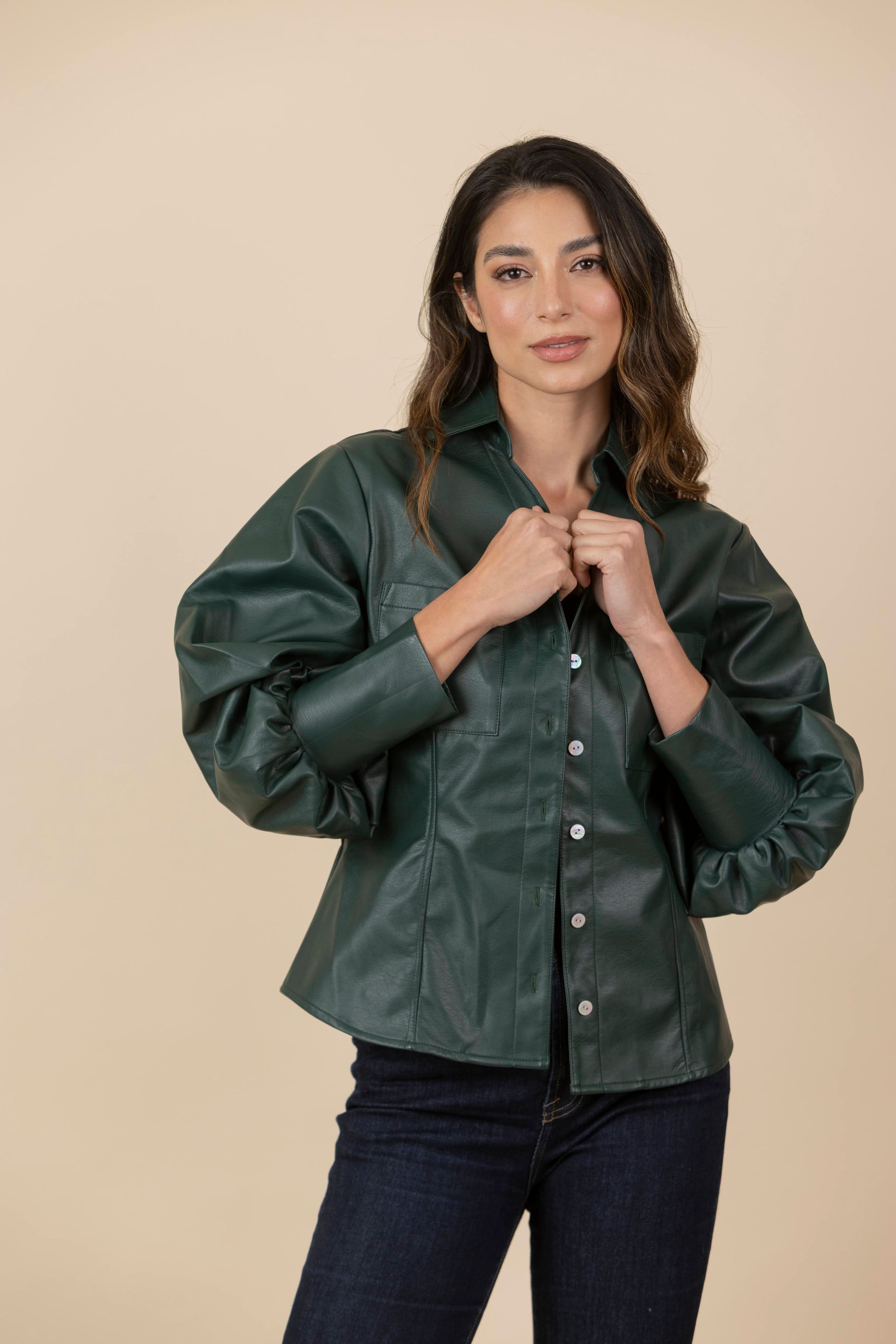 Blusa Chaqueta Ecocuero Lourdes Verde Botella