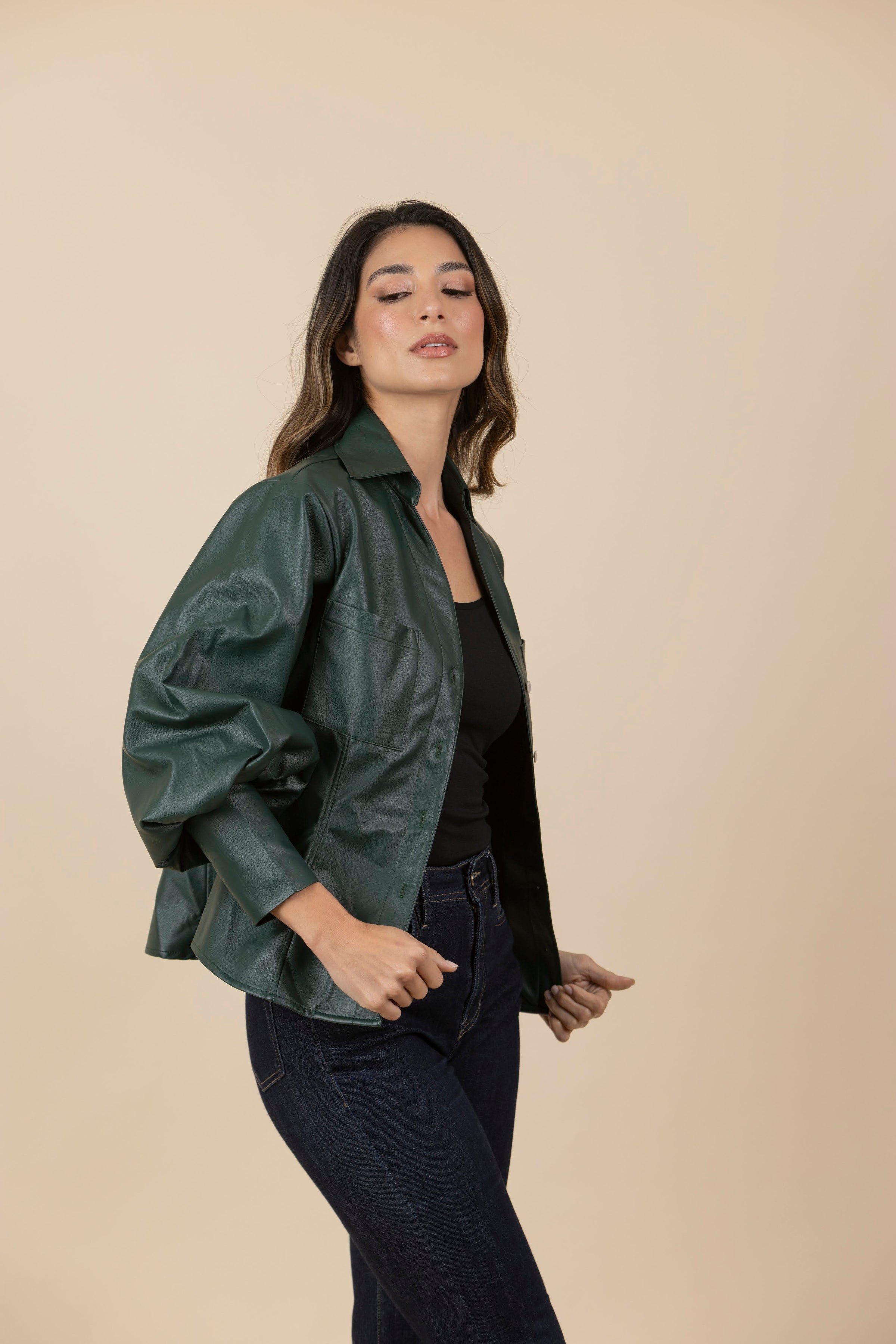Blusa Chaqueta Ecocuero Lourdes Verde Botella