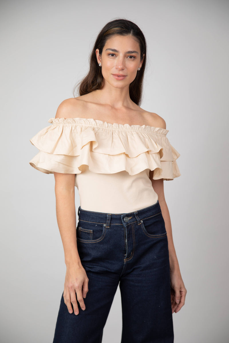 Blusa Mila Cuello Bandeja de Arandela Beige