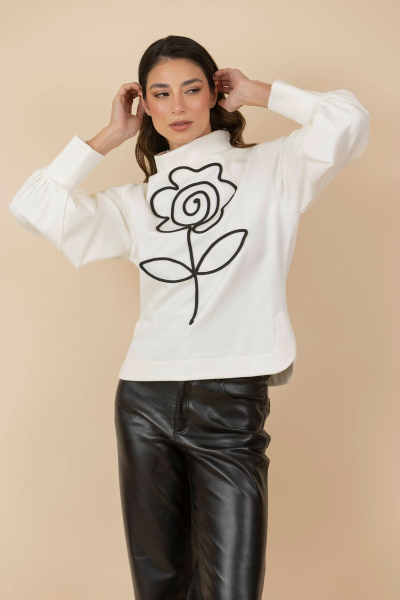 Buzo Bordado Flor Gaia Marfil