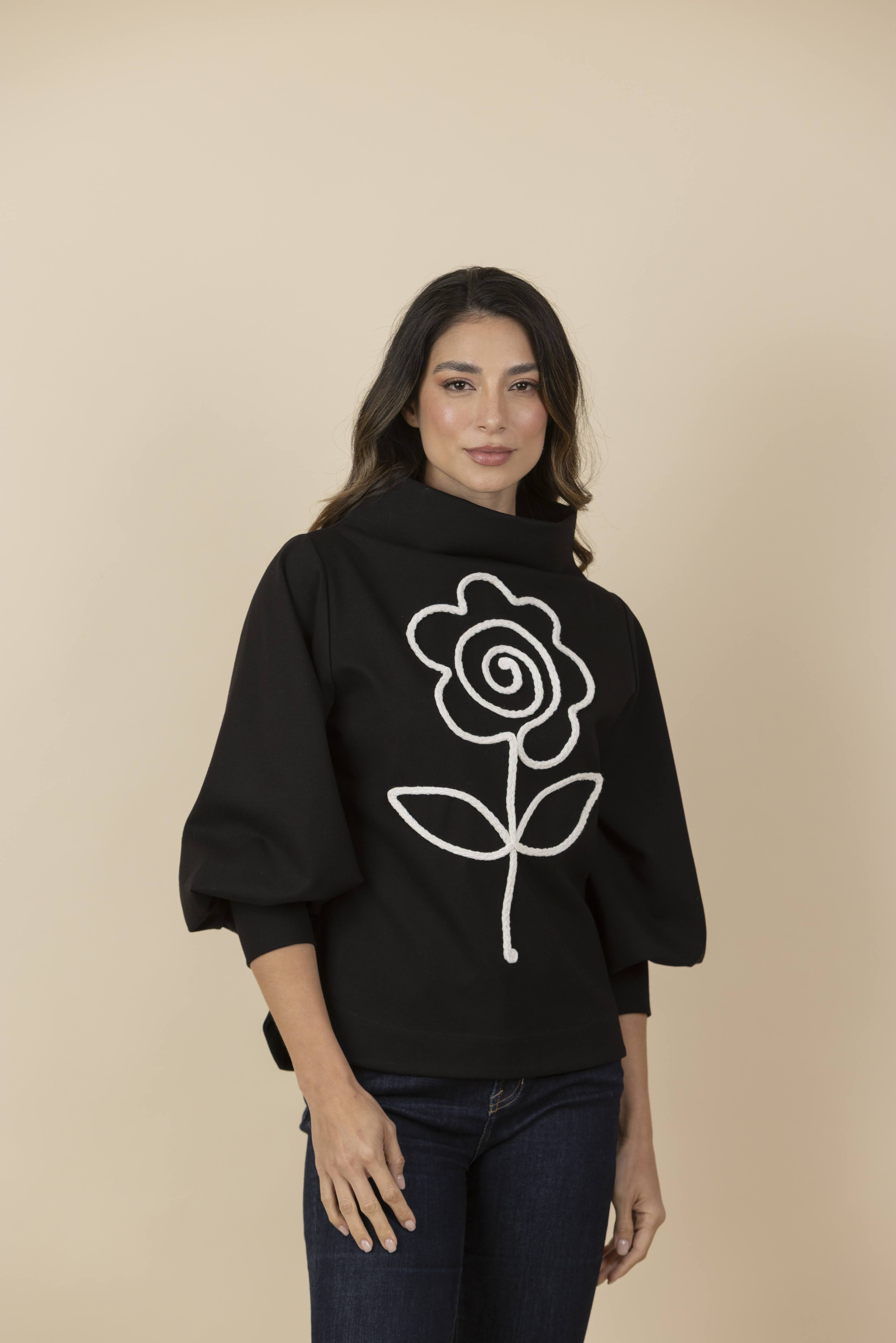 Buzo Bordado Flor Gaia Negro