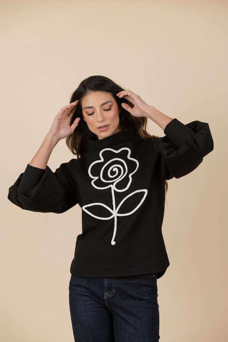 Buzo Bordado Flor Gaia Negro