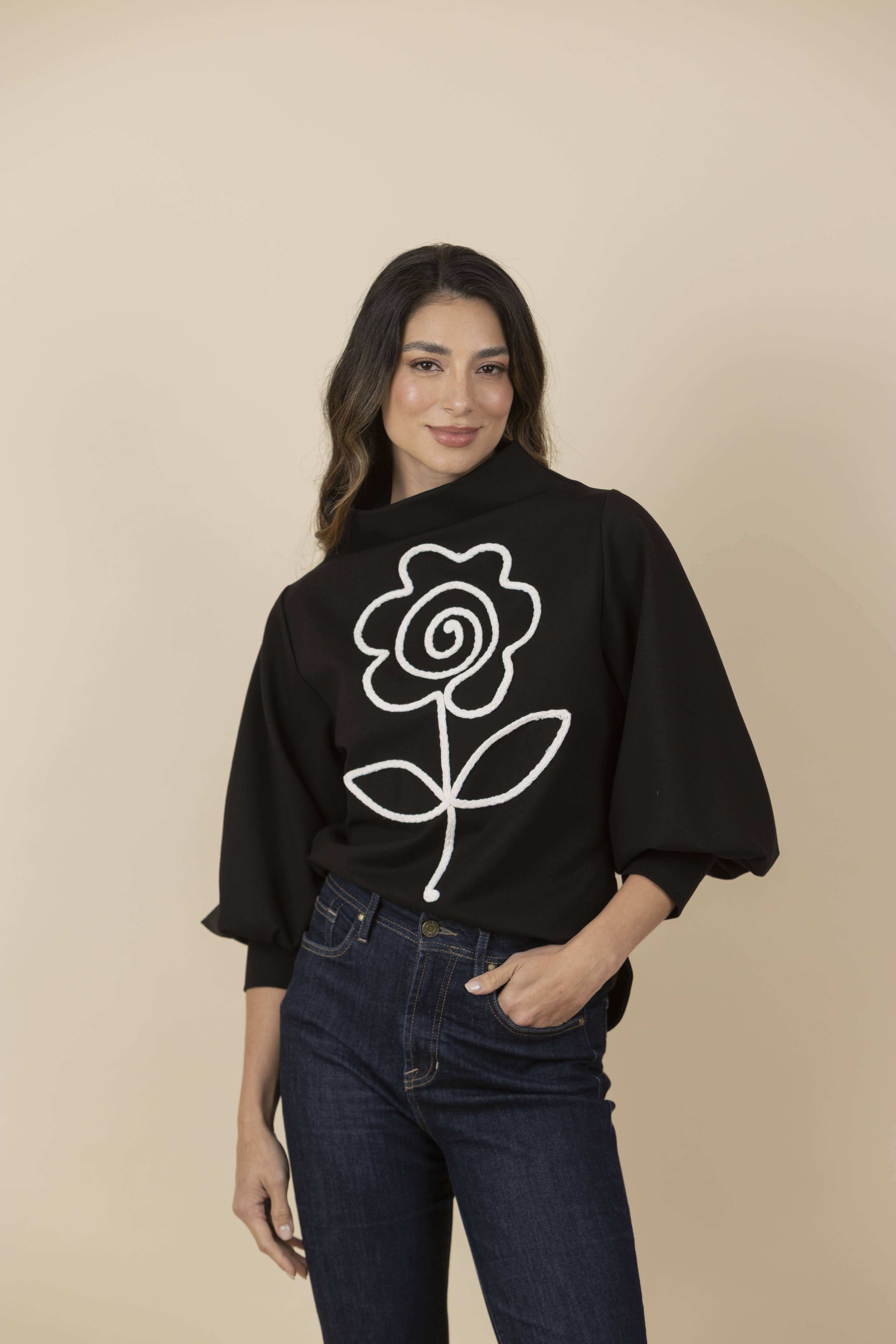 Buzo Bordado Flor Gaia Negro