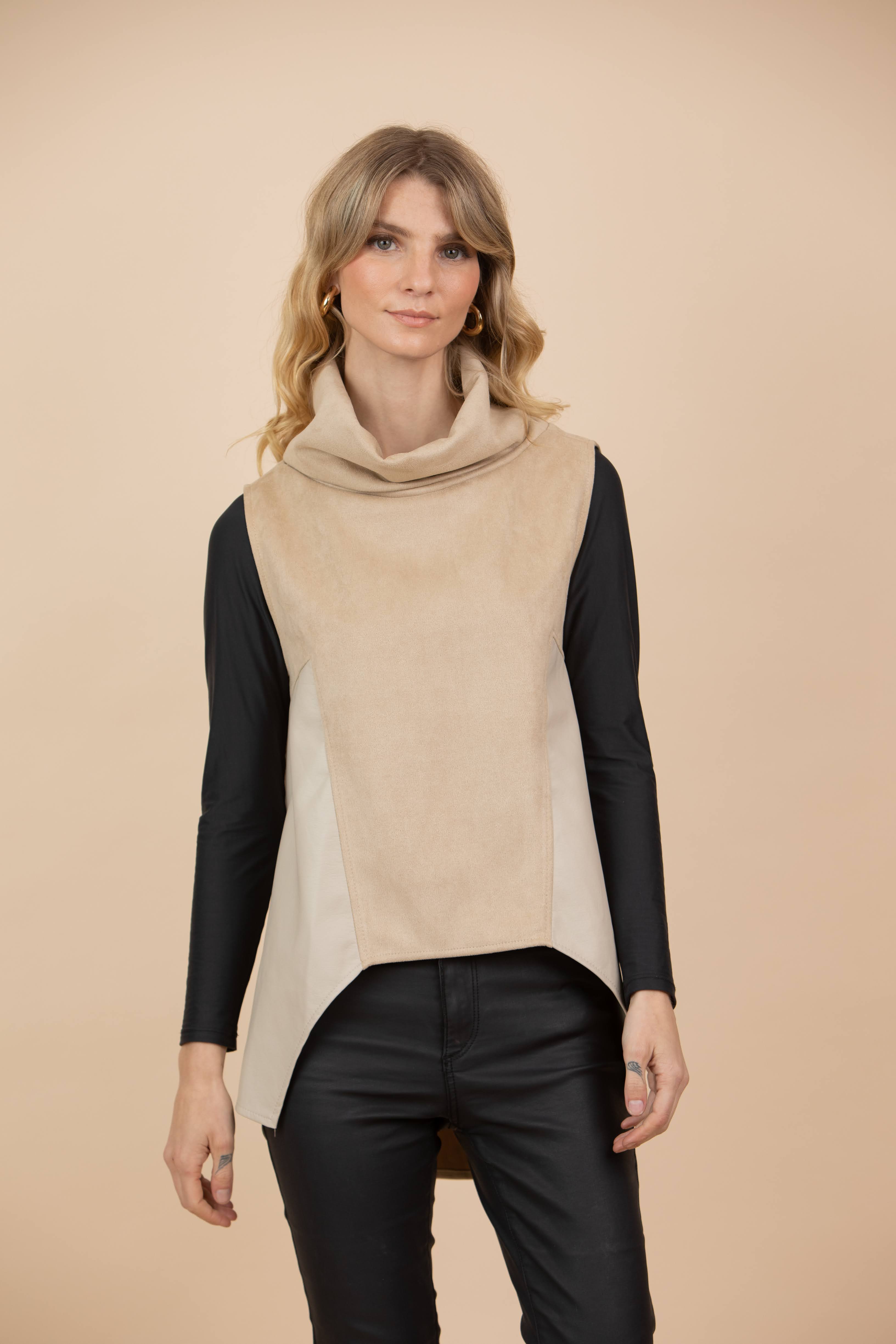 Chaleco Claudia Combinado Tela Gamuzada y Ecocuero Beige