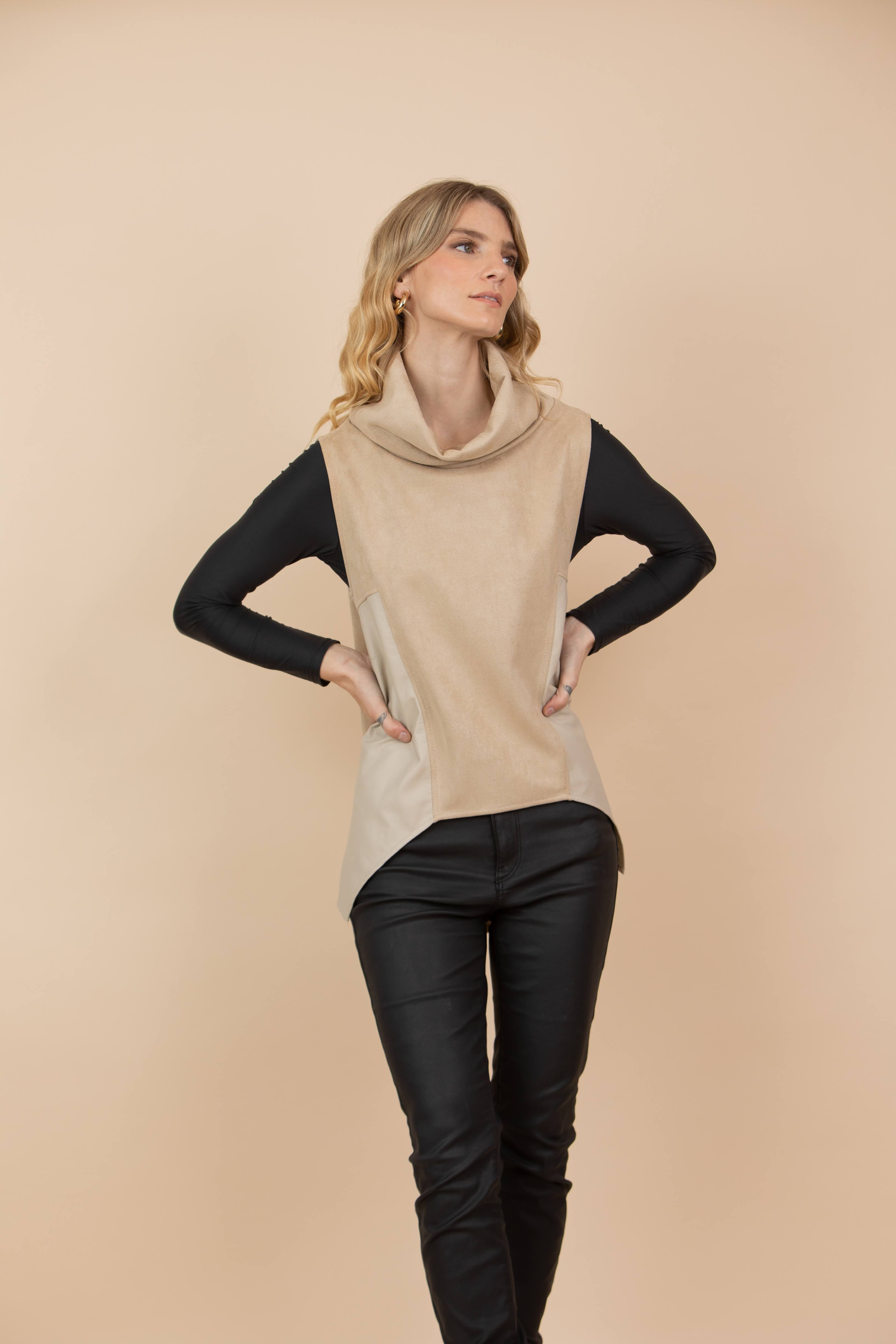 Chaleco Claudia Combinado Tela Gamuzada y Ecocuero Beige