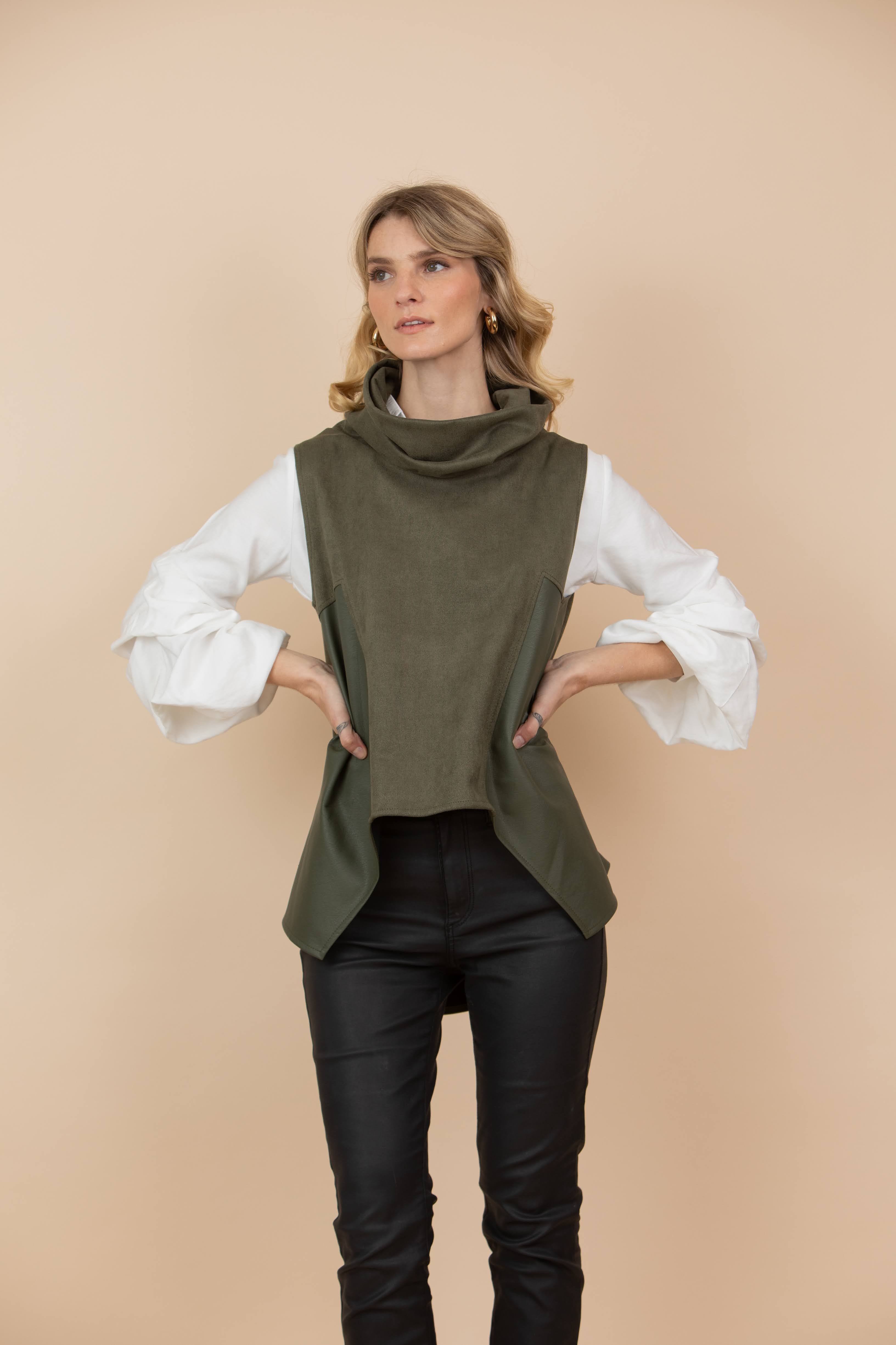 Chaleco Claudia Combinado Tela Gamuzada y Ecocuero Verde Olivo
