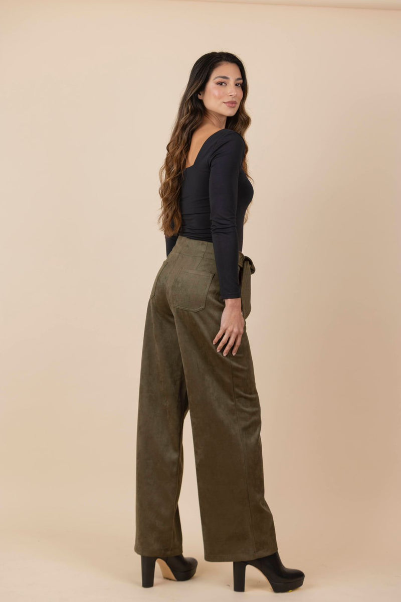 Pantalon Cinturón De Hojas Suede Verde Olivo