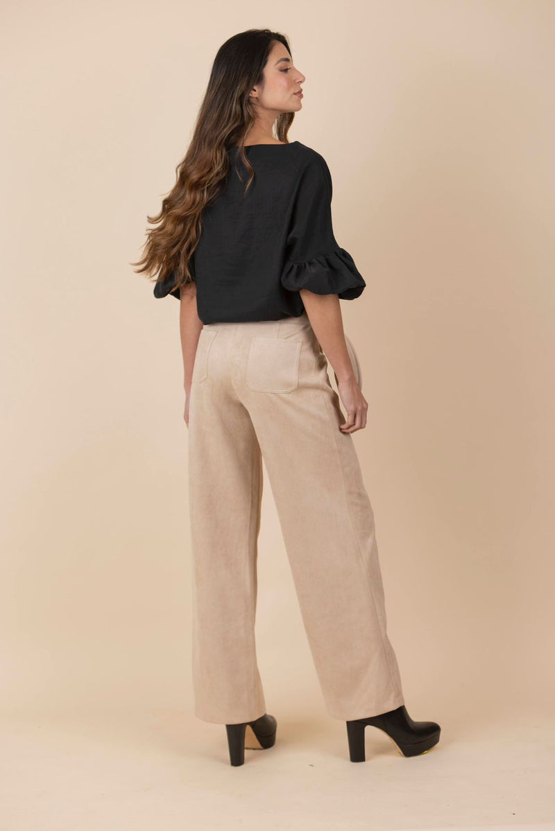 Pantalon Cinturón De Hojas Suede Beige
