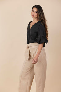 Pantalon Cinturón De Hojas Suede Beige